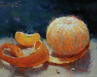May include: A still life painting of a whole orange and a peeled orange on a white surface with a dark blue background. The orange peel is curled up and the orange is slightly out of focus.