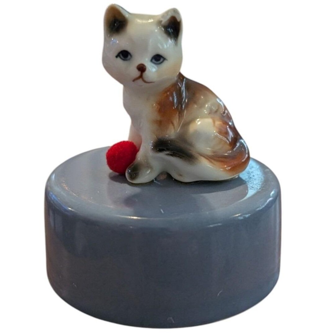 Vintage Porcelain Cat on Blue Base Music Box 3 3/4