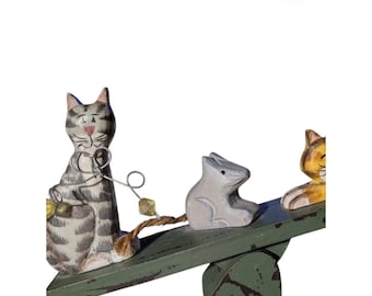 Figuras decorativas vintage de madera de gato y ratón tipo balancín