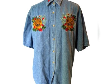 Vintage Denim Women's Short Sleeve Embroidered Tiger Cat Top Size Large