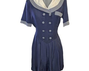 80s women's vintage blue and white nautical short romper size 3/4