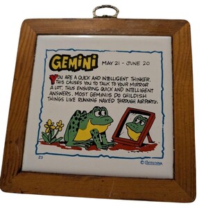May include: A square wooden framed Gemini zodiac sign tile. The tile features a cartoon frog with a mirror, text that reads "Gemini May 21 - June 20", and a humorous description of Gemini traits.