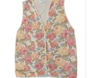 90s Vintage Women's Pastel Floral Cotton Knit Sweater Vest Size PM Cottage Core