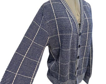 70s Vintage Jockey Mens Cardigan Sweater  Large Blue  Patterned Grandpa Hipster