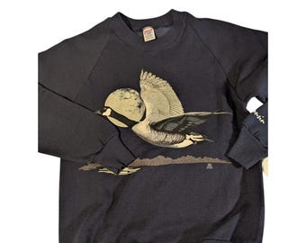 Sudadera vintage de los 90 de Goose Art Graphic, azul marino, cuello redondo, talla pequeña, nueva con etiquetas, rara.