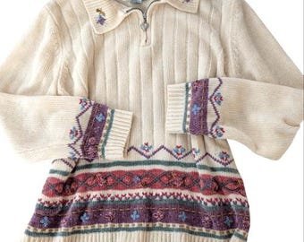 Vintage 90s Alfred Dunner Quarter Zip Floral Pastel Chenille Sweater Womens