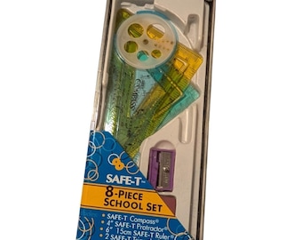 Juego de útiles escolares vintage SAFE-T de 8 piezas: compás, transportador y regla (incompleto)