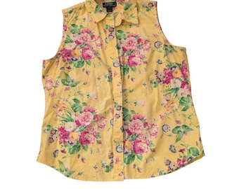 Lauren Ralph Lauren Vintage Y2K Yellow Floral Cotton Sleeveless Women's Shirt