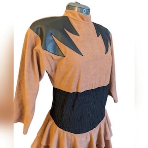 Vintage 80s brown dress with black leather details