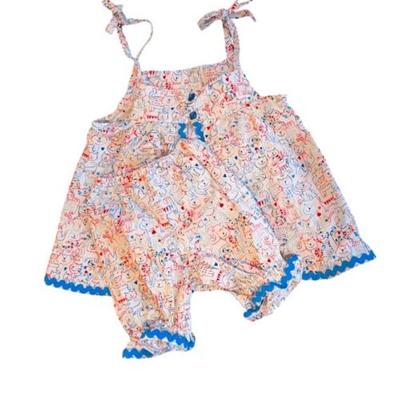 Vintage girls homespun all over cat & hearts print outfit