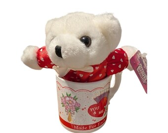 Juego de mini tazas de regalo vintage de los 90 para el Día de San Valentín con corazones y ositos de peluche.