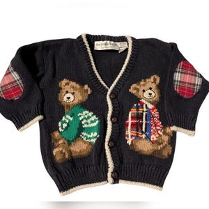 Vintage 90s Eagles Eye Teddy Bear Toddler KidsSweater Knit Button Front Cardigan