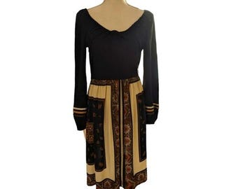 Vintage 70s black paisly print dress
