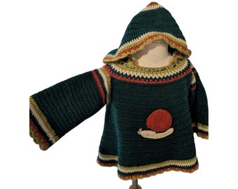 Chaqueta infantil tipo capa con capucha, estilo vintage de los años 60 y 70, con estampado de caracol, tejida a mano y con un toque retro.