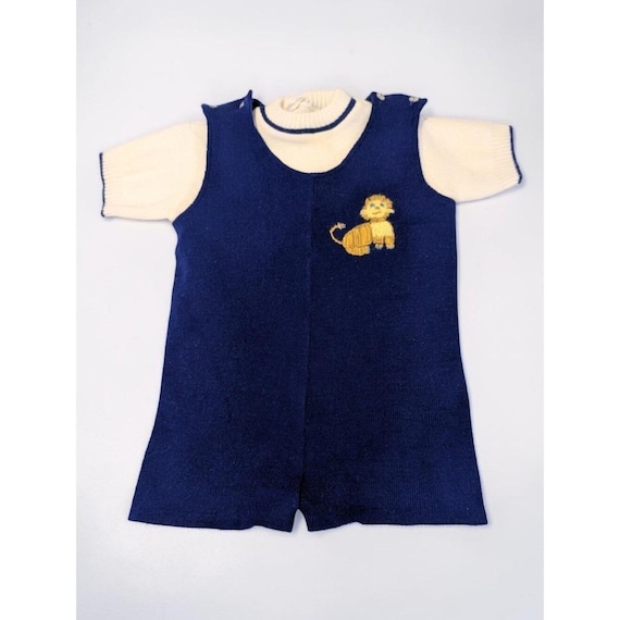 50s 60s Vintage Atkins Toddler Knit Lion Embroidered Romper Set Shorts Sweater