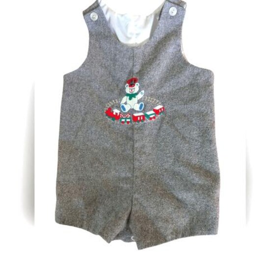 Kids vintage gray wool holiday embroidered shortalls