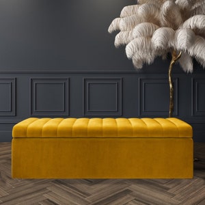 Our Mustard gold plush velvet ottoman storage bench are made with soft velvet and thick foam. These are multipurpose ottomans and can be used as shoe storage bench, shoe changing bench, end of bed bench, window bench, entry hallway bench with storage