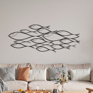 Arte mural de peces de metal, letrero de familia de peces, letrero de bandada de peces, arte mural náutico, decoración de interiores con temática marina, decoración marina