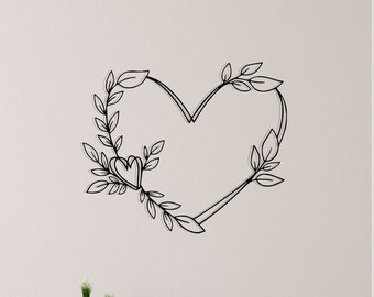 Arte de pared de metal con forma de corazón floral, decoración minimalista de amor