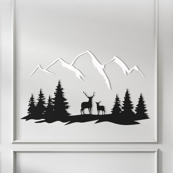 Decorazione da parete con cervo in metallo, arte della famiglia dei cervi in metallo, decorazione di montagna e foresta, arte della parete naturale, arazzi, regalo di inaugurazione della casa