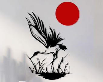 Japanese Crane Metal Wall Art – Minimalist Bird and Red Sun Decor