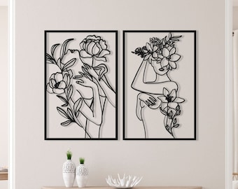 Floral Woman Metal Wall Art Set: Minimalist Line Art Decor