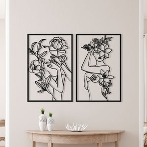 Set of 2 Female Body Metal Wall Art, Minimalist Line Art Gift, Woman Body Metal Art Set, Floral Woman Metal Art, Bathroom Wall Decor