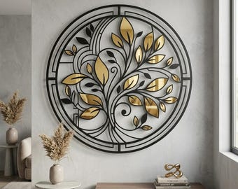 Black Steel Tree of Life Wall Art, Gold Mirrored Acrylic Leaves, Modern Botanical Decor