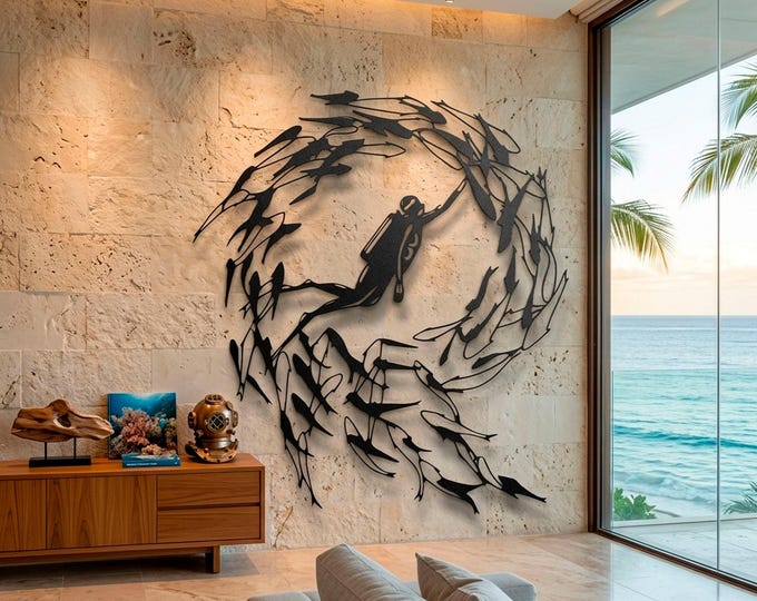 Featured listing image: Scuba Diver Metal Wall Art, School of Fish Ocean Decor, Coastal Steel Hanging