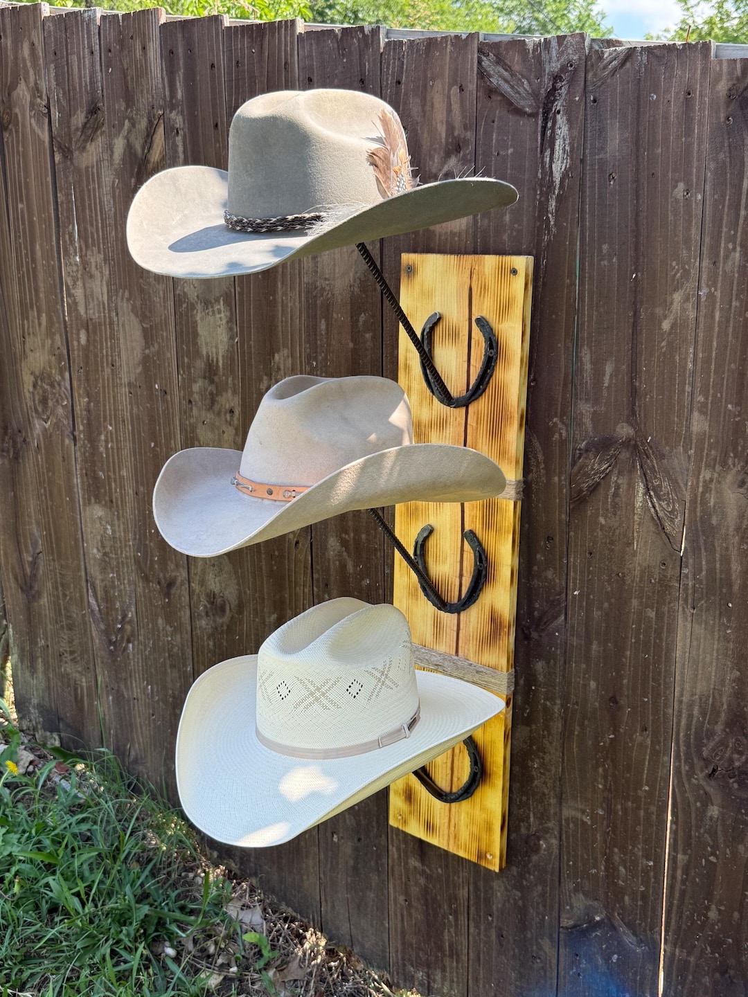 Horseshoe Hat Rack: Rebar Pine Wood, Holds Hats