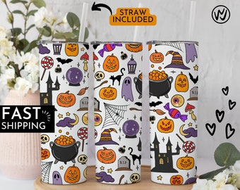 Cute Halloween Tumbler with Straw, Witchy Spooky Cup Gift, Skinny Travel Mug with Straw, Halloween Gift, October Ghost Witch Pumpkin Tumbler