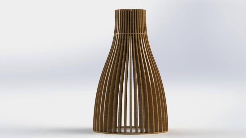 May include: A brown vase constructed from vertical wooden slats arranged in a circular, tapered silhouette. The structure features a narrow neck that widens toward the base, creating an open, slatted design that reveals the hollow interior space.