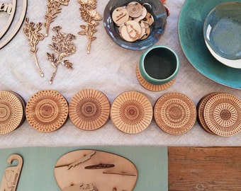 Mandala Coasters: Laser Cut Wood, Decorative Drink Coasters (10cm)