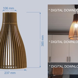 May include: A brown wooden pendant lamp shade with a slatted design. Technical diagrams show a height of 385 mm, a top diameter of 106 mm, and a bottom diameter of 237 mm. The right side shows the lamp illuminated, with the text DIGITAL DOWNLOAD ONLY.