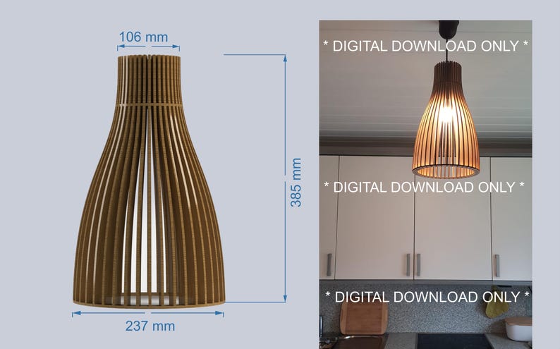 May include: A brown wooden pendant lamp shade with a slatted design. Technical diagrams show a height of 385 mm, a top diameter of 106 mm, and a bottom diameter of 237 mm. The right side shows the lamp illuminated, with the text DIGITAL DOWNLOAD ONLY.