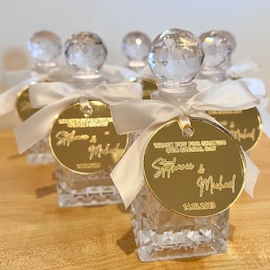 Wedding Favour Wedding Favour Personalised 100ml Whisky Decanter Bevelled Glass with Engraved 5cm acrylic circle and ribbon.