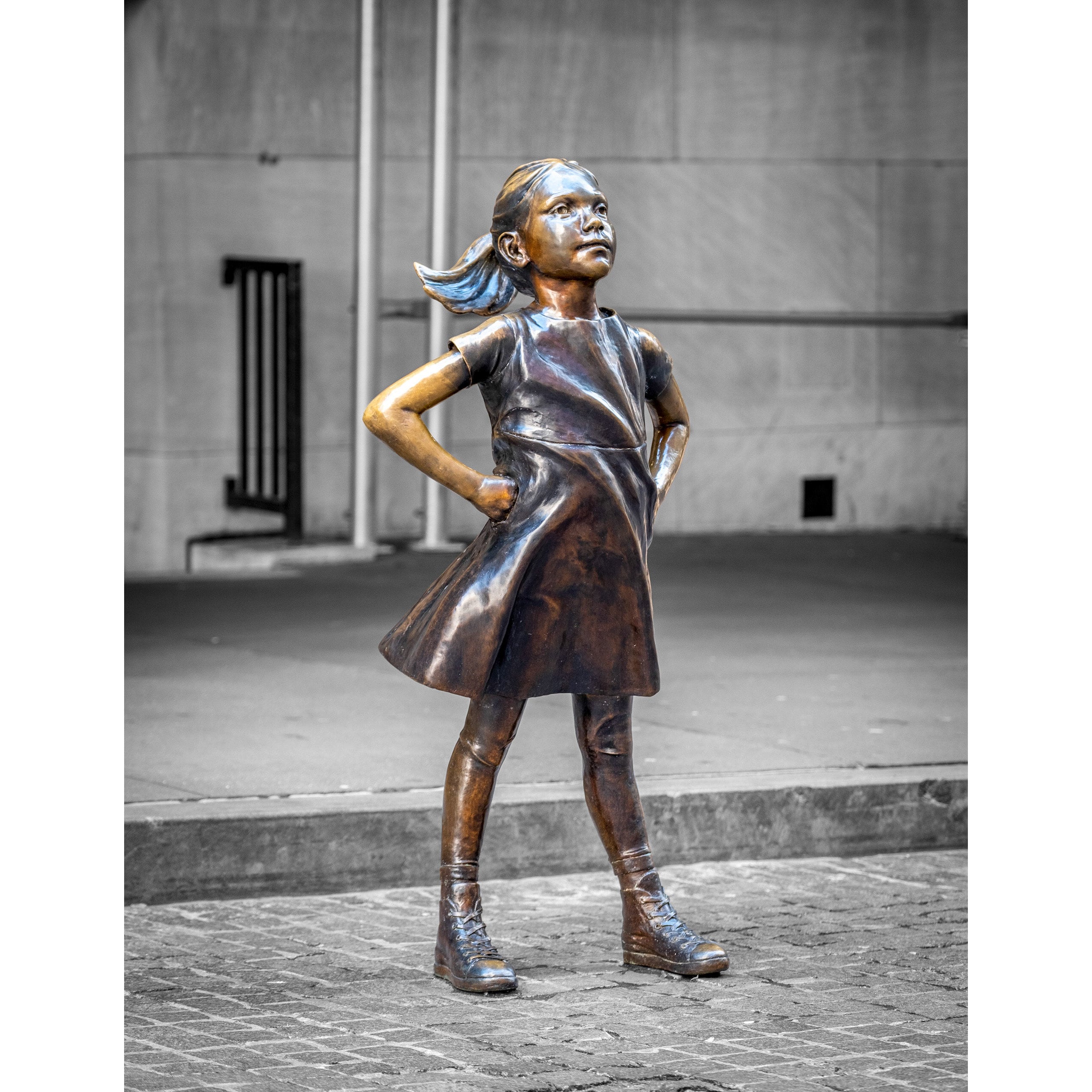 Fearless Girl Statue in Wall Street, NYC Girl in Color, Background in
