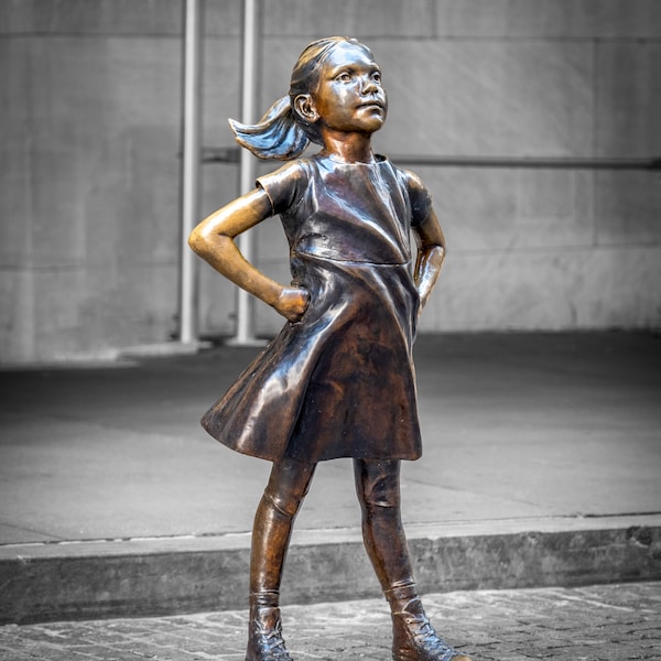 Fearless Girl Statue in Wall Street, NYC - Girl in color, background in Black & White