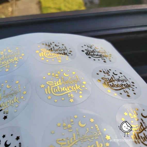 32 vellen Eid Mubarak stickers, Ramadan stickers, 384 stippen, ronde geschenkverpakking, zelfklevende zegelstickers, snoepzakjes, doe-het-zelfcadeaus voor Eid Mubarak moslimfeest