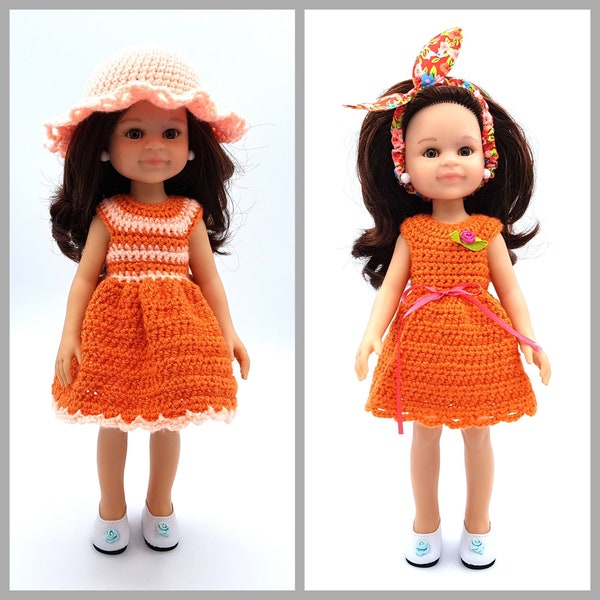 Crochet Pattern for Two Dresses and Hat for Paola Reina (13”/33 cm) and similar Dolls (13”/33cm)