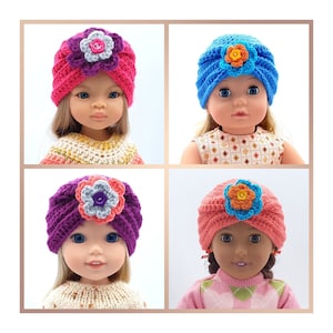 May include: Four doll-sized crocheted hats with flower embellishments. The hats are in pink, purple, blue, and orange.