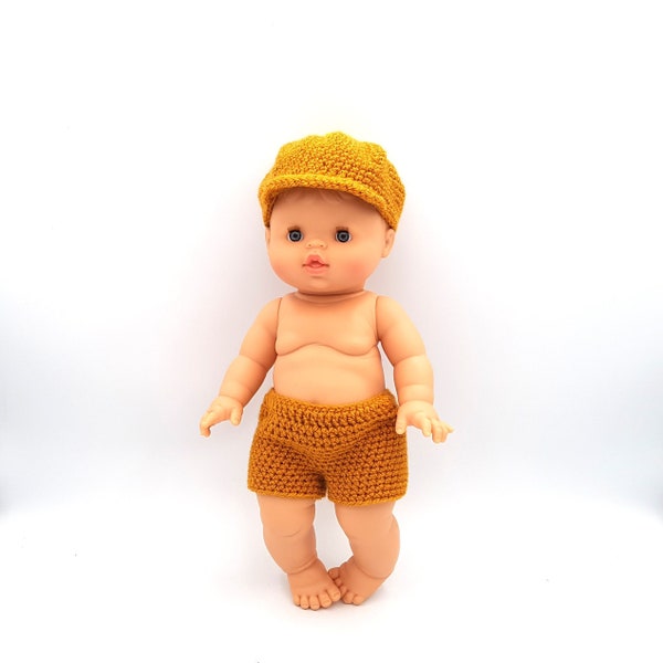 Patrón de Crochet para Gorro y Shorts para muñecas Paola Reina Gordi Minikane Miniland 34 cm y similares.
