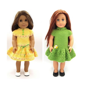 Padrão de crochê para dois vestidos para bonecas de 18 polegadas, como Our Generation, Maplelea Girl e outras bonecas semelhantes.