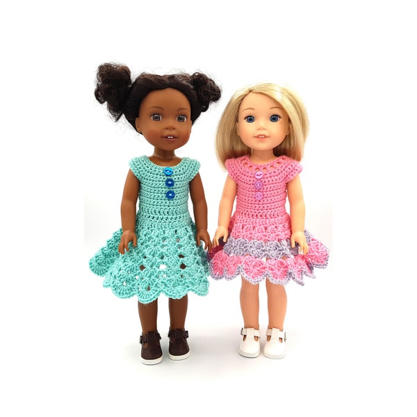 Crochet Pattern for Two Dresses for Wellie Wishers (14,5”), Hearts For Hearts Girls(14”) and similar Dolls (14-14,5”)
