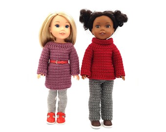 Crochet Pattern for Wellie Wishers (14,5”), Hearts For Hearts Girls(14”) and similar Dolls. Pattern for Sweater Dress, Sweater and Pants.