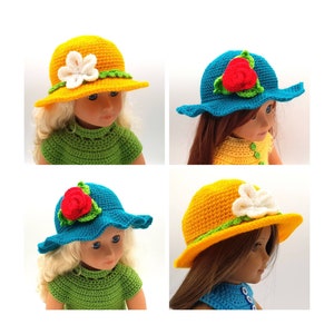 May include: Four crocheted doll hats with flower embellishments. Two hats are yellow with green trim and white flowers. Two hats are blue with green trim and red flowers.