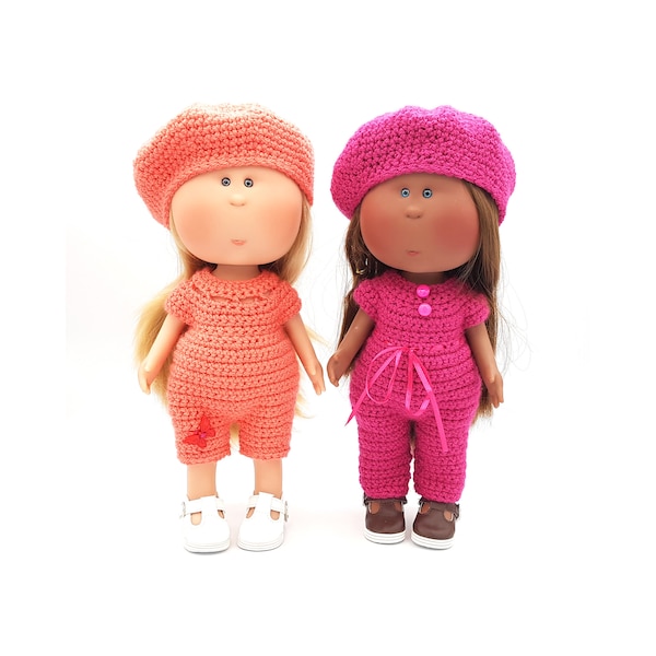Crochet patterns for Mia doll from the Nines d'Onil brand (12"/30cm). Jumpsuits and beret.