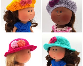Crochet Patterns for Hats and Berets for Mia (12″/30cm) and Mini Mia (9″/23 cm) dolls from the Nines dOnil brand.