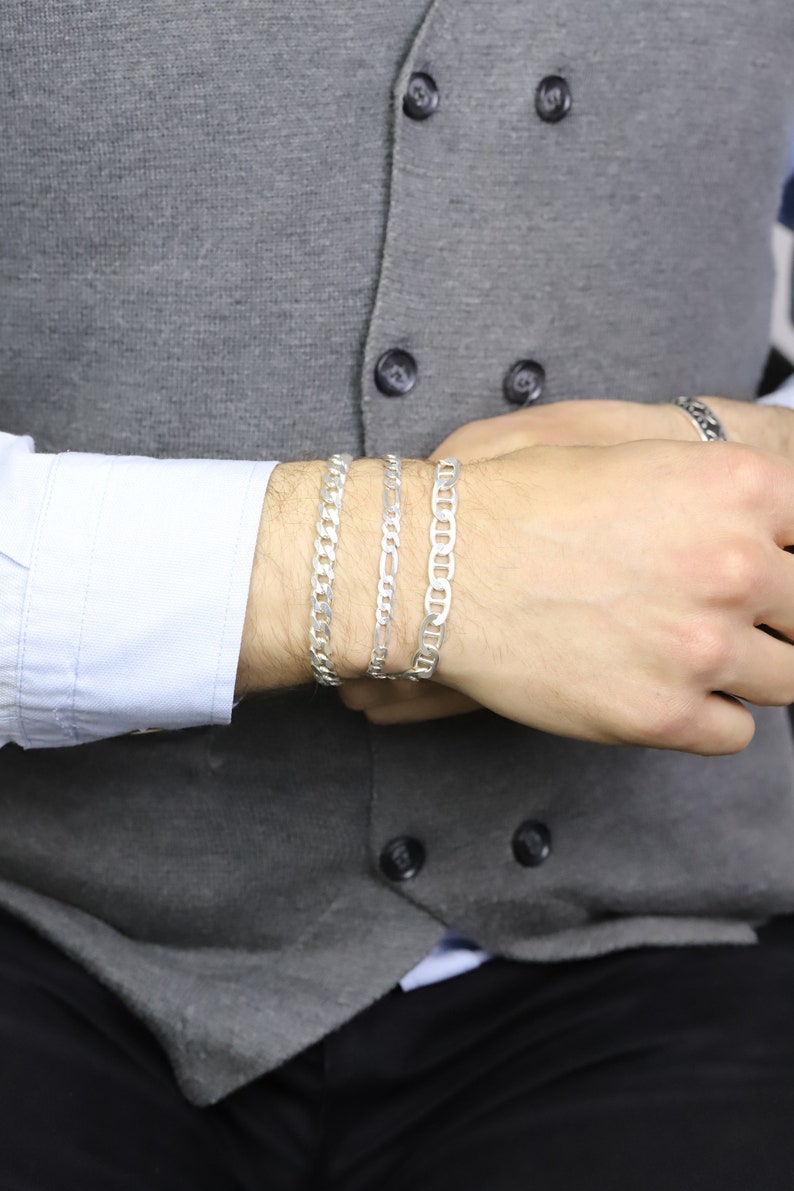 Birthday Gift For Boyfriend,Cuban Chain, 925 Sterling Silver Figaro Chain Bracelet For Mens Jewelry Gift For Him,Silver Chain Bracelet Men