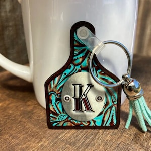 Western-Schlüsselanhänger Personalisierte Holz Türkis Kuh-Umbau-Schlüsselanhänger Monogramm Keychain Personalisierte Kuh Ohranhänger Keychain